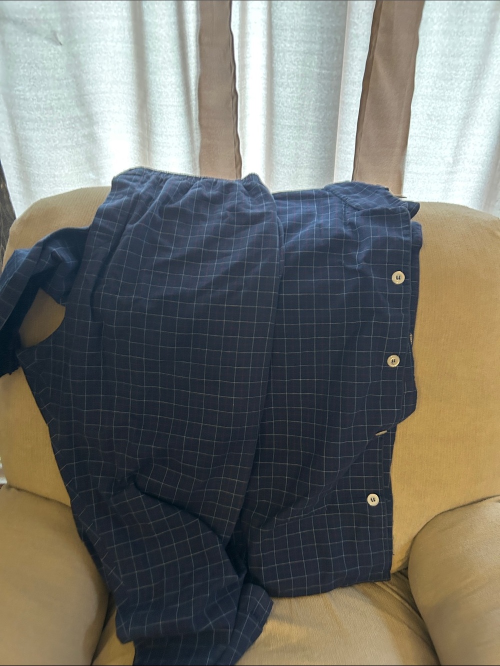 Men's Navy Windowpane Jogger Pants with Side Buttons Pajama Set
